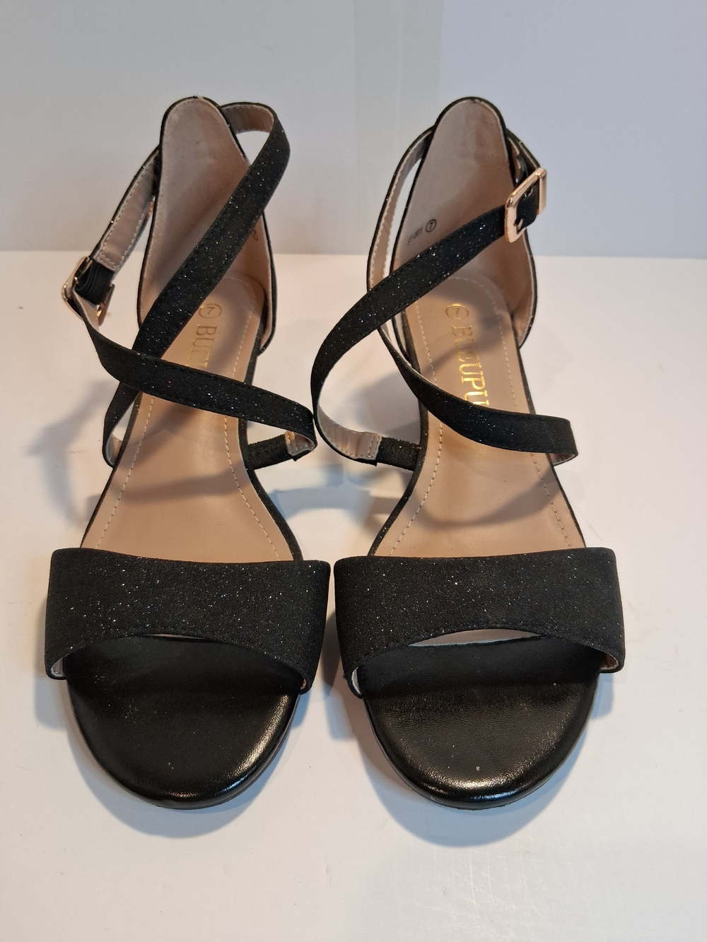 sku377 Bueupu Black Glitter Cross-Strap Evening Heels Size 7, Like New !